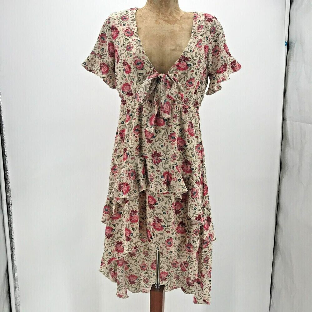 Nasty Gal Dress Women 2 Ivory Pink Floral Front Tie Cut Out Tiered High Lo AS IS